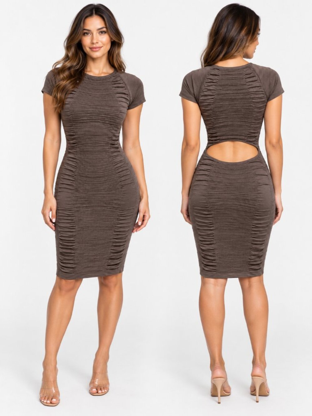 Aura Ruched Cutout Bodycon Midi Dress Women’s S/M Taupe Brown